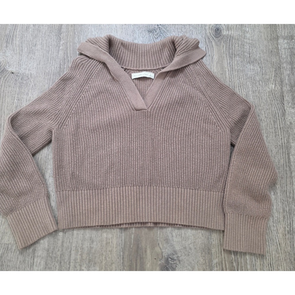 Abercrombie & Fitch Sweater Women Small Brown Excellent Ribbed Collared V-Neck